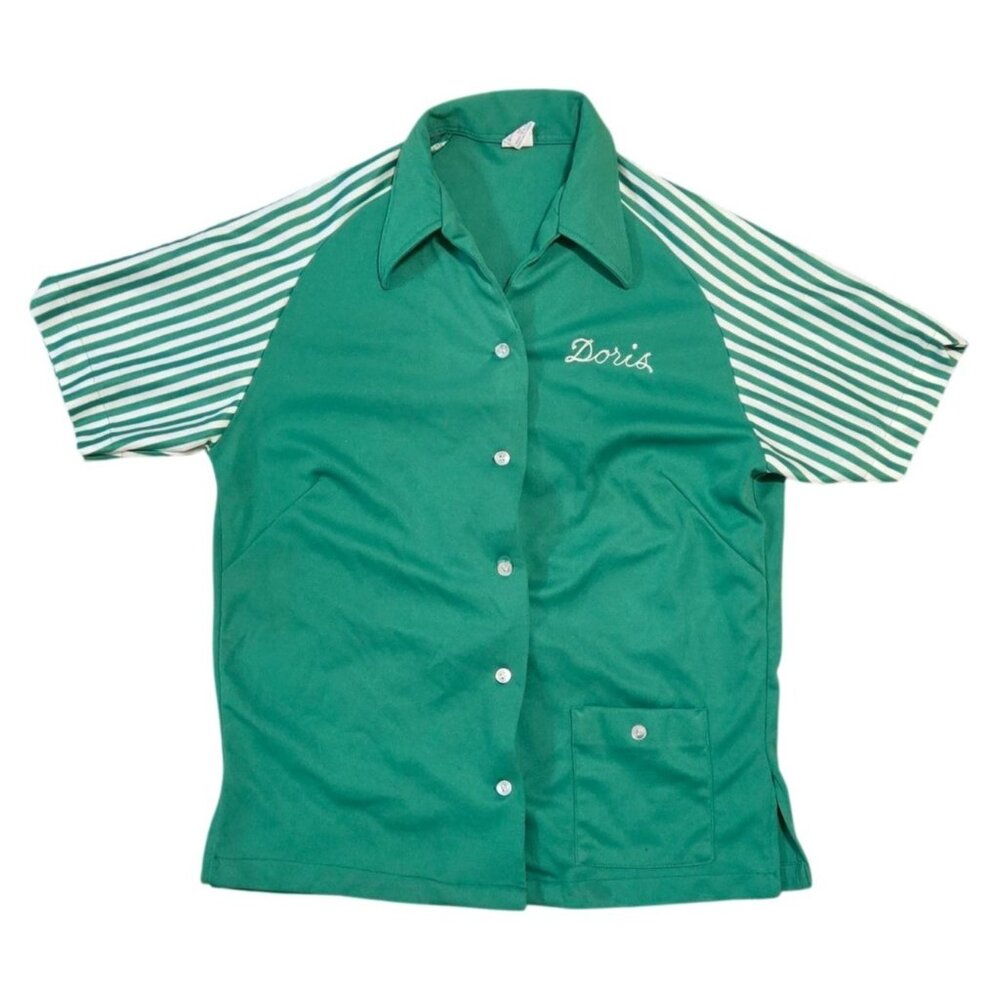 Hilton Vintage Bowling Shirt Green Striped Chainstitch  Embroidered 1960s Doris